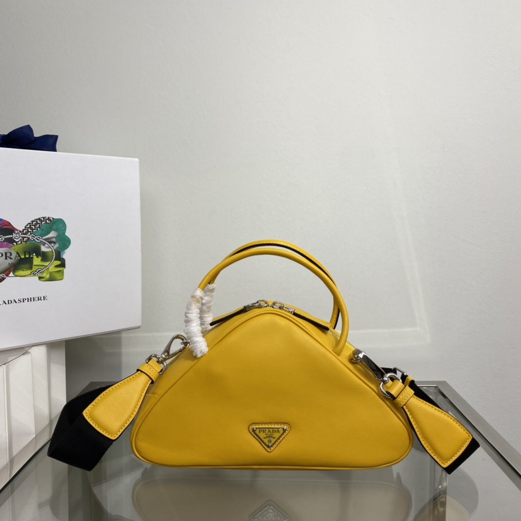 Prada Triangle Leather Shoulder Bag Tote Yellow 1BB082